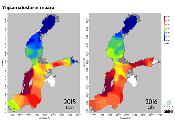 Ylijäämäfosfori n määrä talvinba 2015 ja 2016